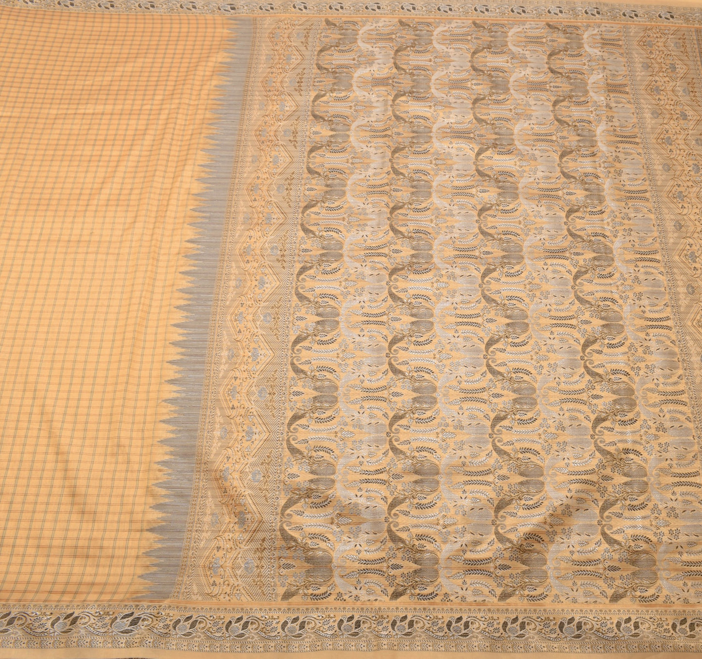 Sushila Vintage Peach Checks Saree Art Silk Woven Traditional Sari Craft Fabric