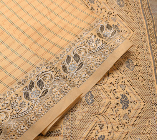 Sushila Vintage Peach Checks Saree Art Silk Woven Traditional Sari Craft Fabric