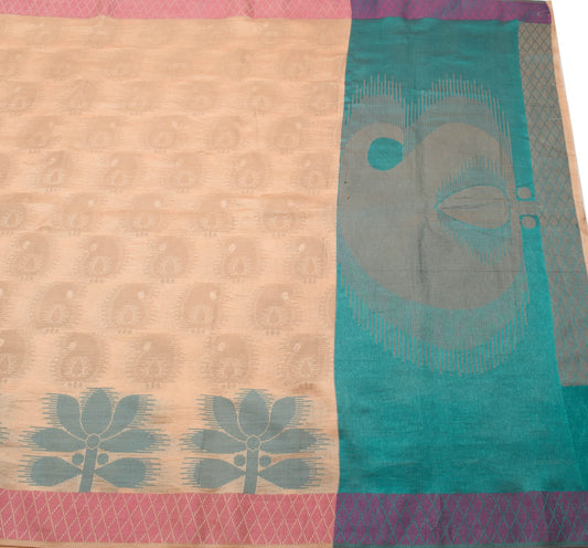 Sushila Vintage Beige Saree 100% Pure Silk Paisley Woven Traditional Sari Fabric