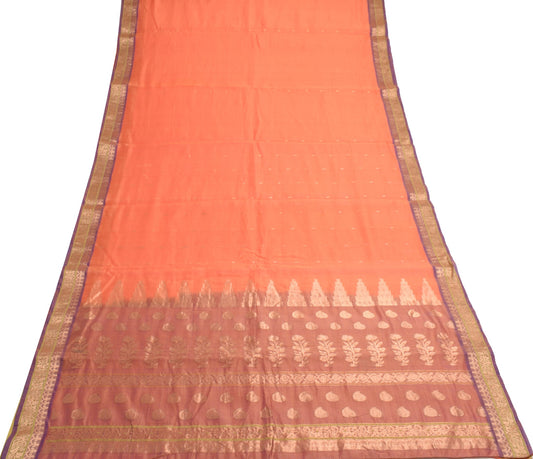 Sushila Vintage Orange Saree 100% Pure Silk Plain Body Zari Border Sari Fabric
