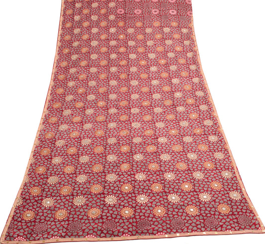 Sushila Vintage Branded Red Saree Pure Crepe Silk Mirror Work Soft Sari Fabric