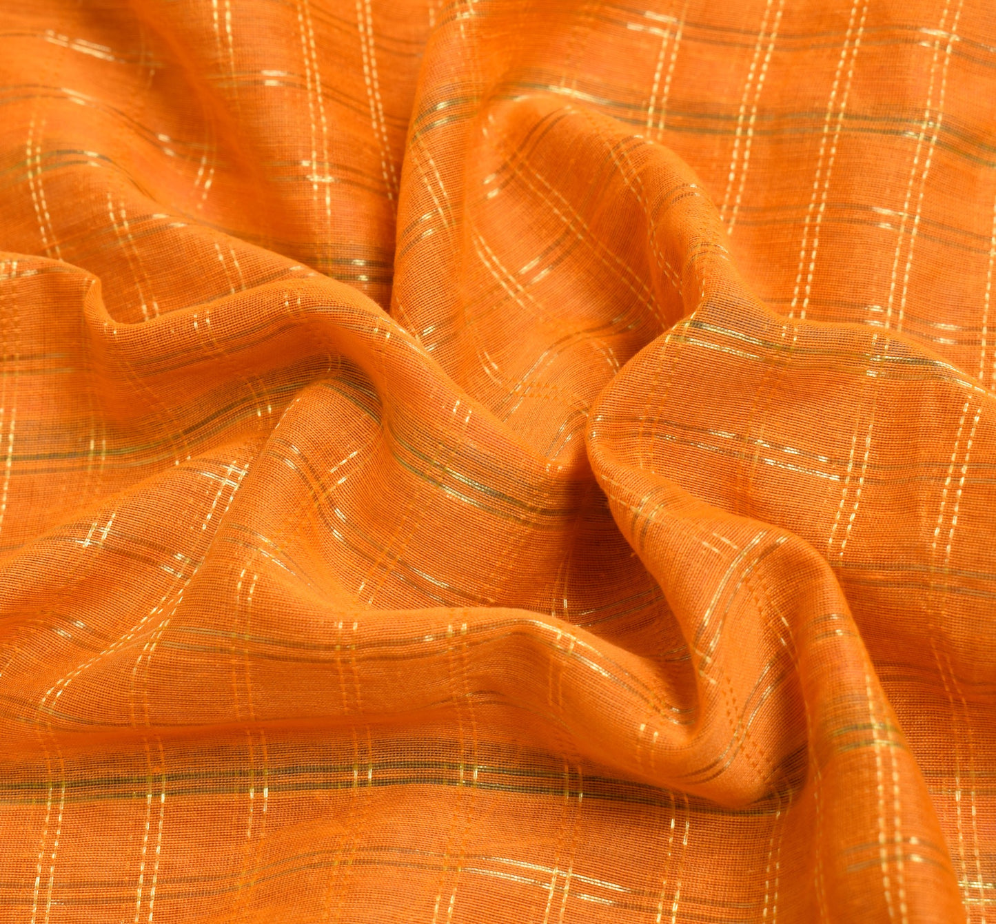 Sushila Vintage Orange Checks Saree Border Pure Cotton Banarasi Zari Sari Fabric