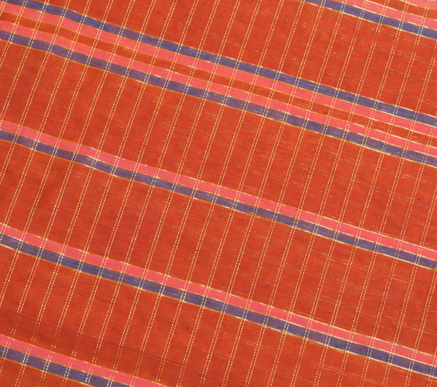 Sushila Vintage Orange Checks Saree Border Pure Cotton Banarasi Zari Sari Fabric