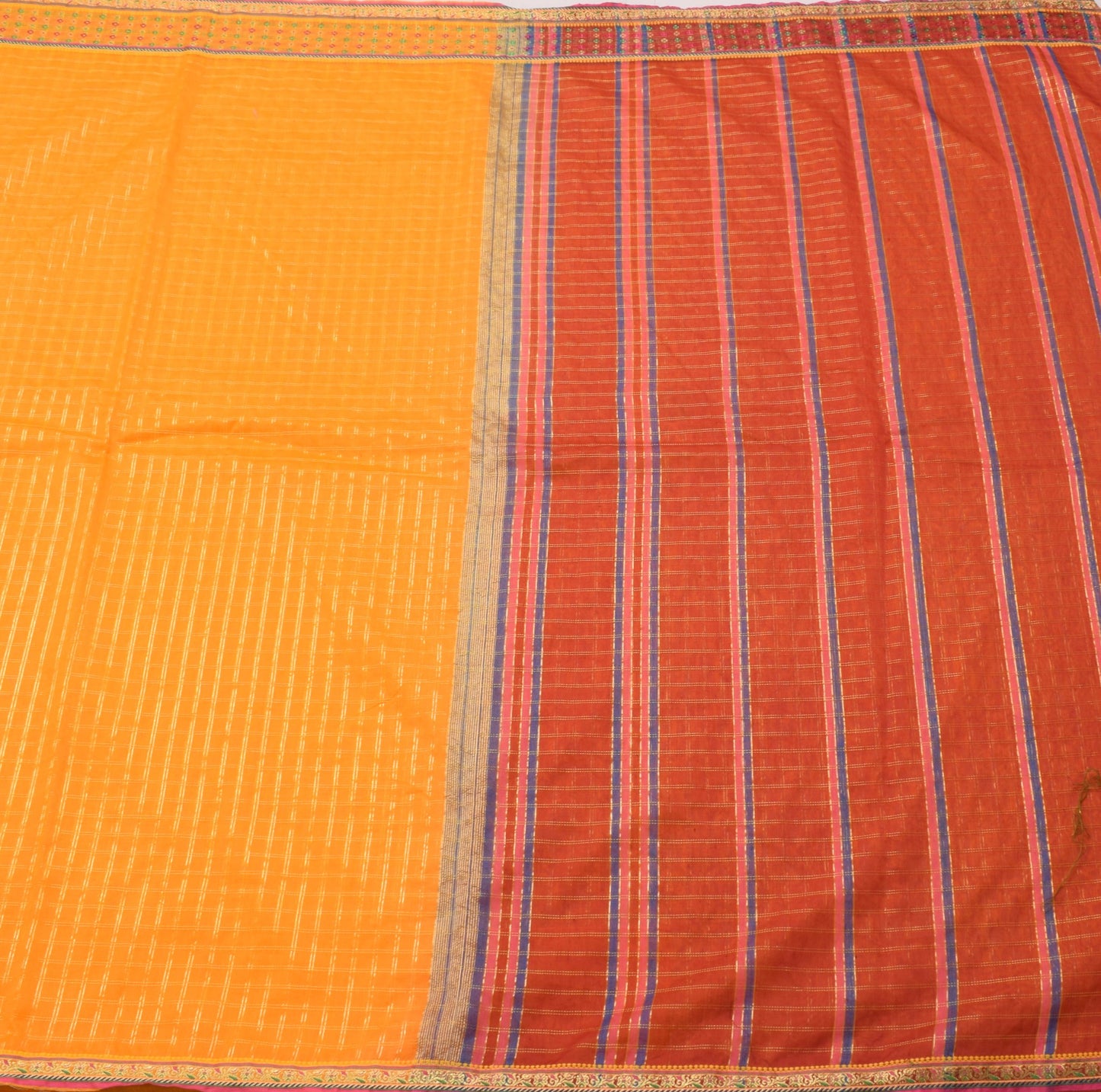 Sushila Vintage Orange Checks Saree Border Pure Cotton Banarasi Zari Sari Fabric