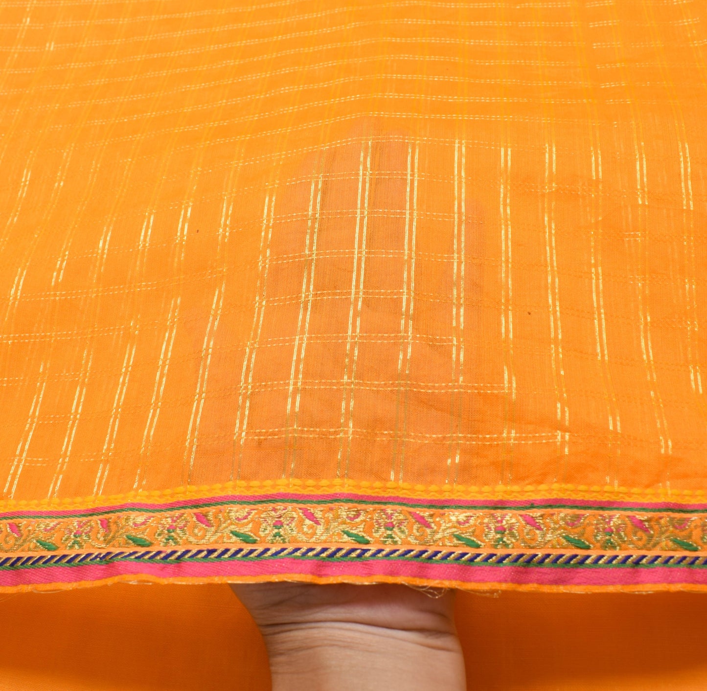 Sushila Vintage Orange Checks Saree Border Pure Cotton Banarasi Zari Sari Fabric