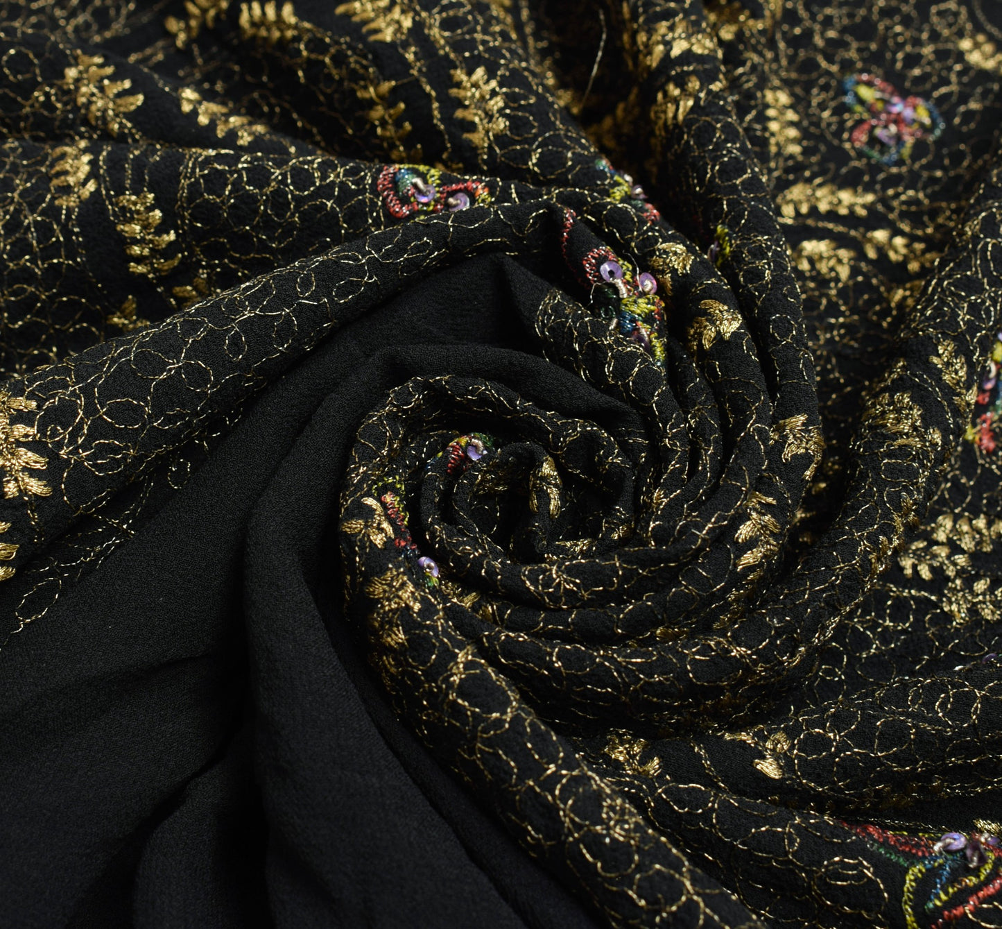 Sushila Vintage HEAVY Black Saree Pure Georgette Zari Embroidered Sari Fabric