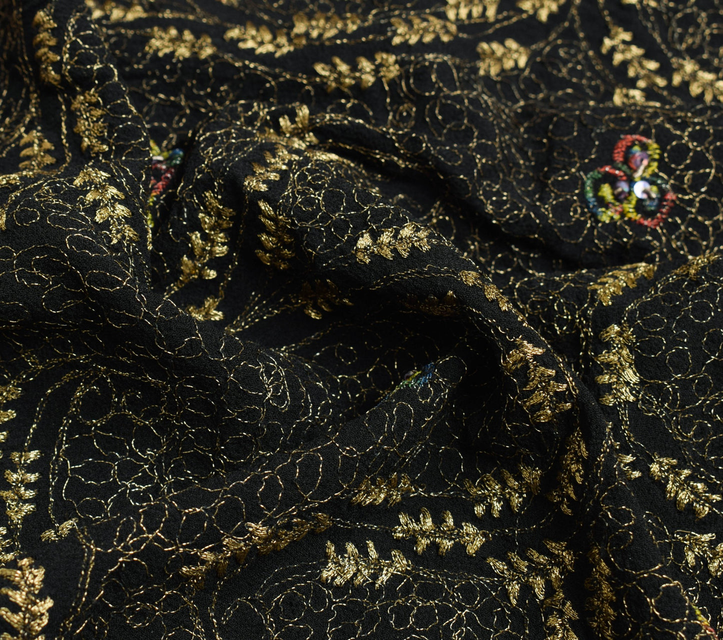Sushila Vintage HEAVY Black Saree Pure Georgette Zari Embroidered Sari Fabric