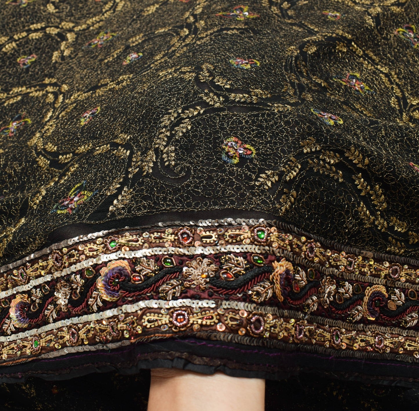 Sushila Vintage HEAVY Black Saree Pure Georgette Zari Embroidered Sari Fabric