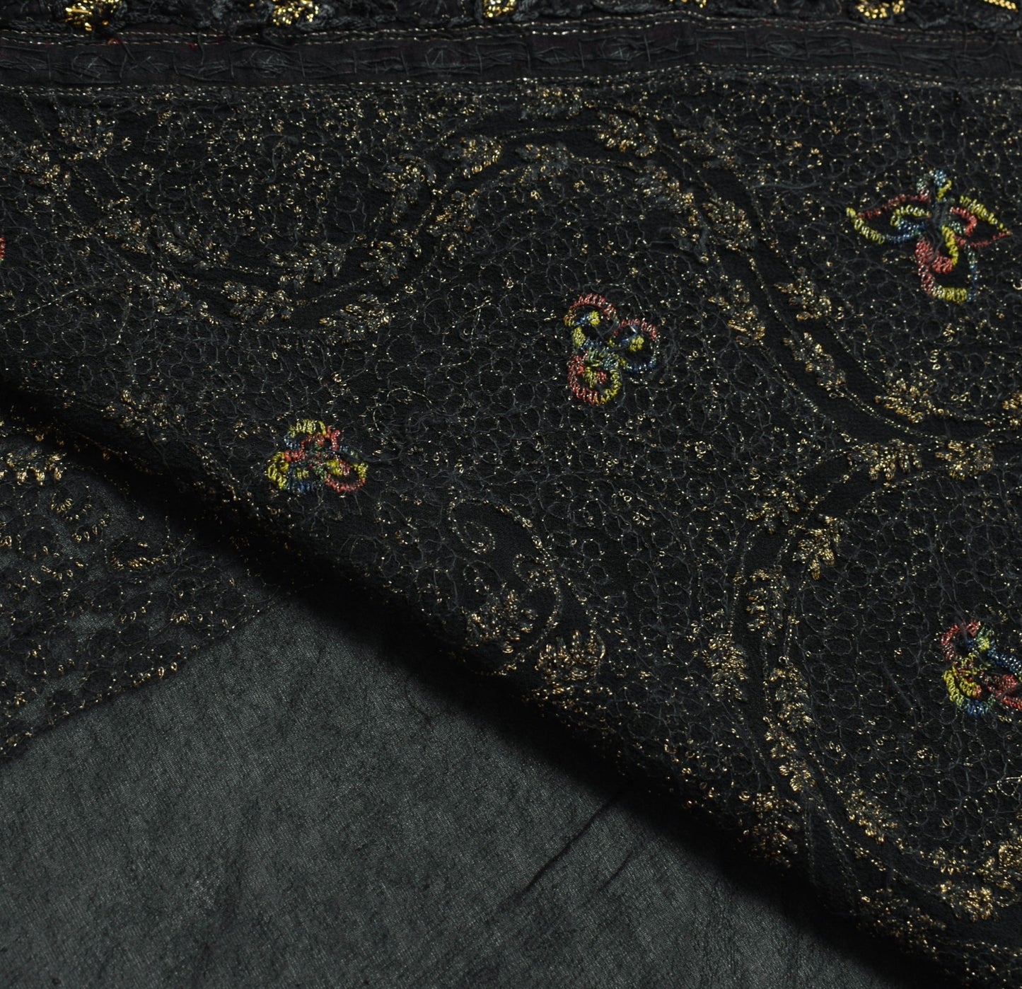 Sushila Vintage HEAVY Black Saree Pure Georgette Zari Embroidered Sari Fabric