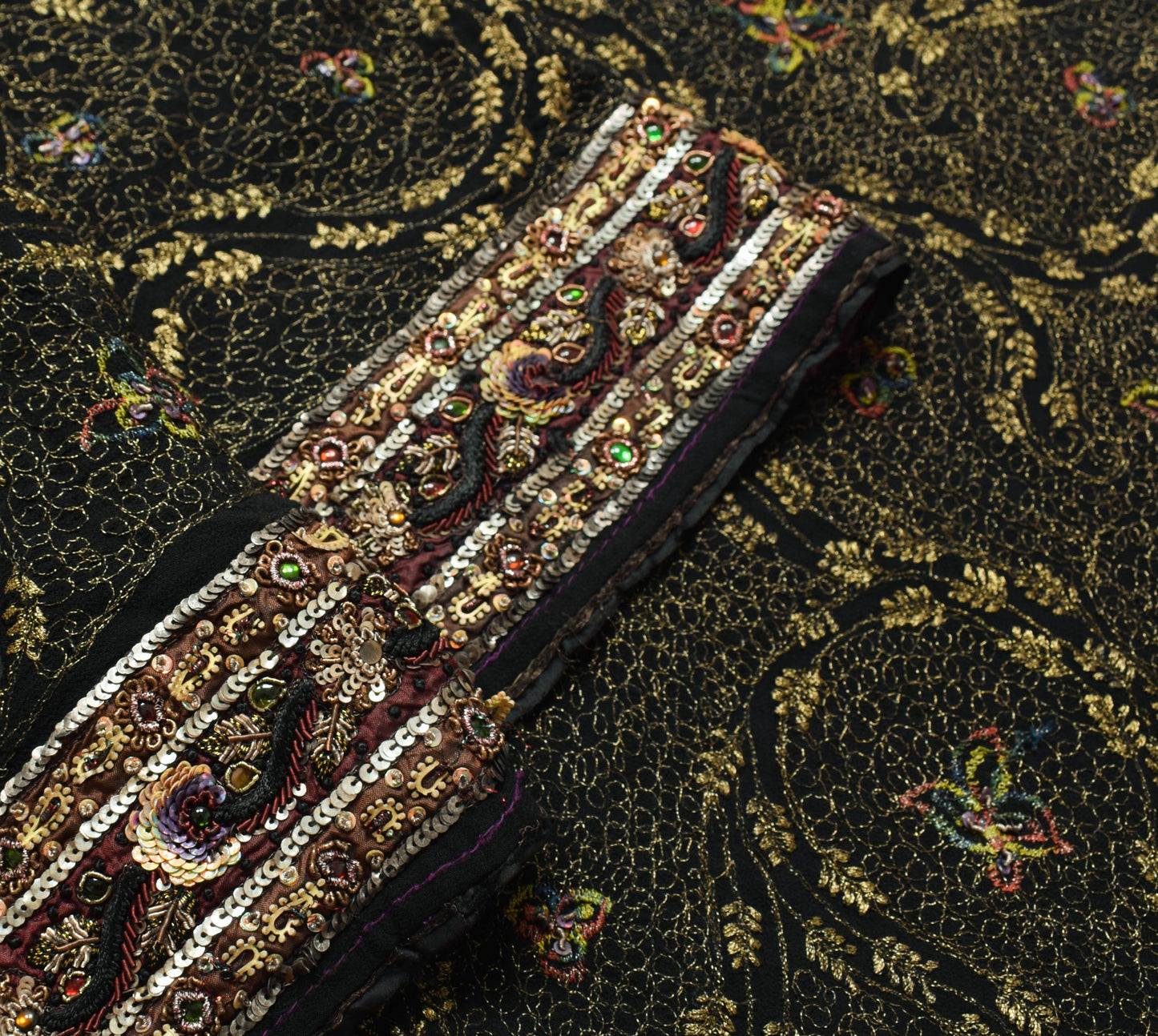 Sushila Vintage HEAVY Black Saree Pure Georgette Zari Embroidered Sari Fabric