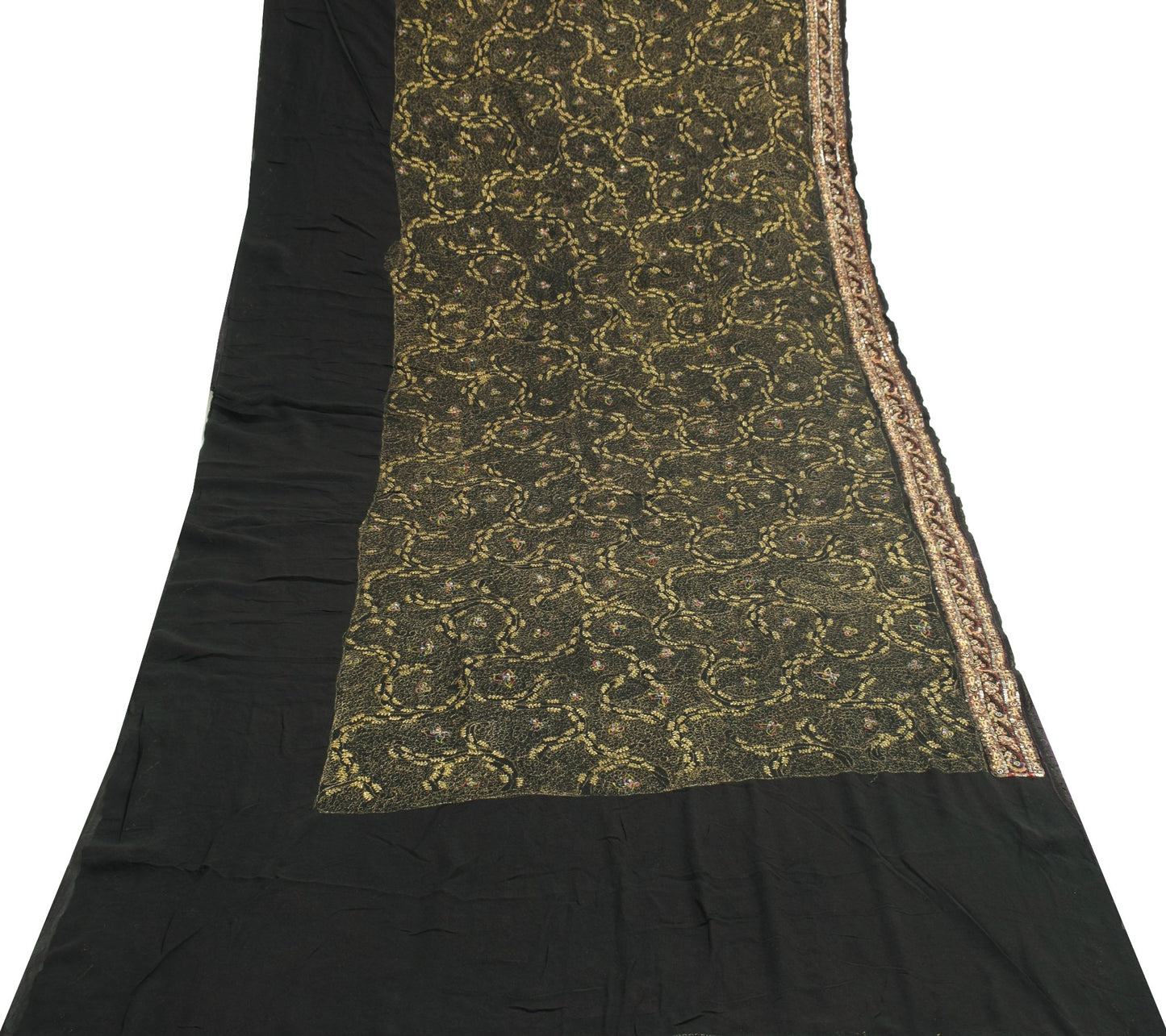 Sushila Vintage HEAVY Black Saree Pure Georgette Zari Embroidered Sari Fabric
