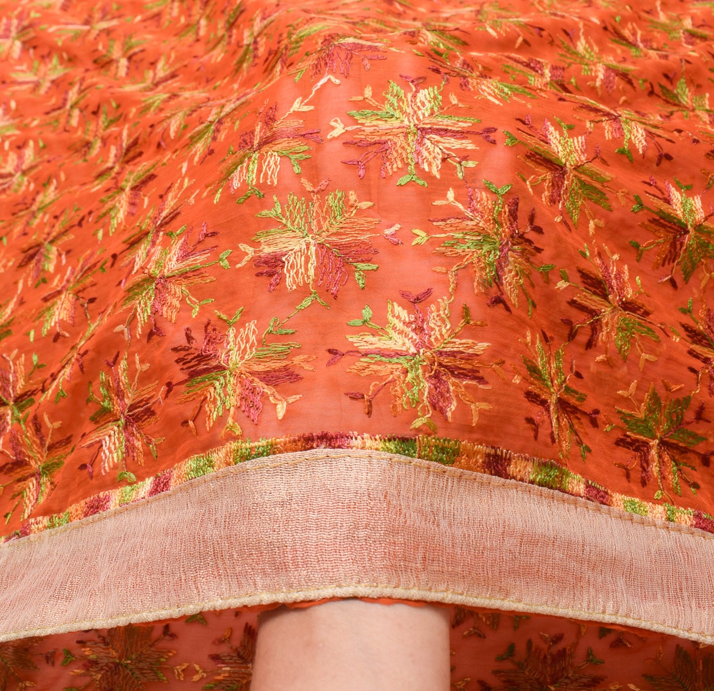 Sushila Vintage Bagh Phulkari Saree Art Chiffon Silk Orange 5 Yard Sari Fabric