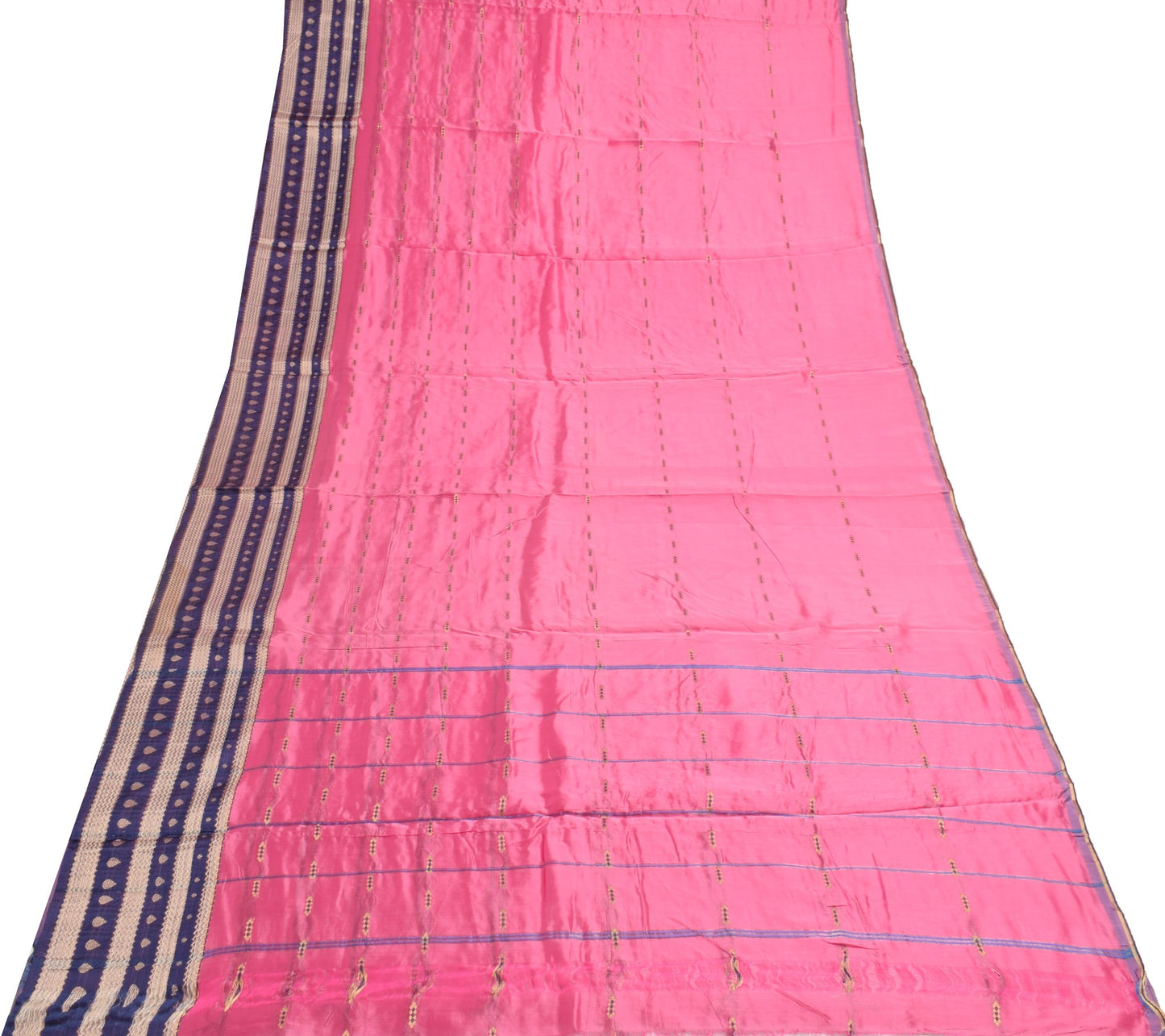 Sushila Vintage Pink Saree with Blue Brocade Border 100% Pure Silk Sari Fabric