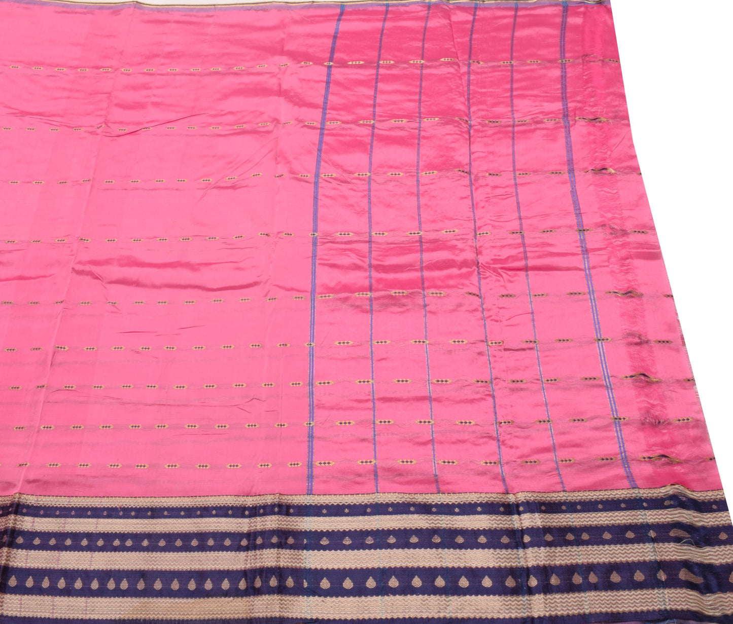 Sushila Vintage Pink Saree with Blue Brocade Border 100% Pure Silk Sari Fabric