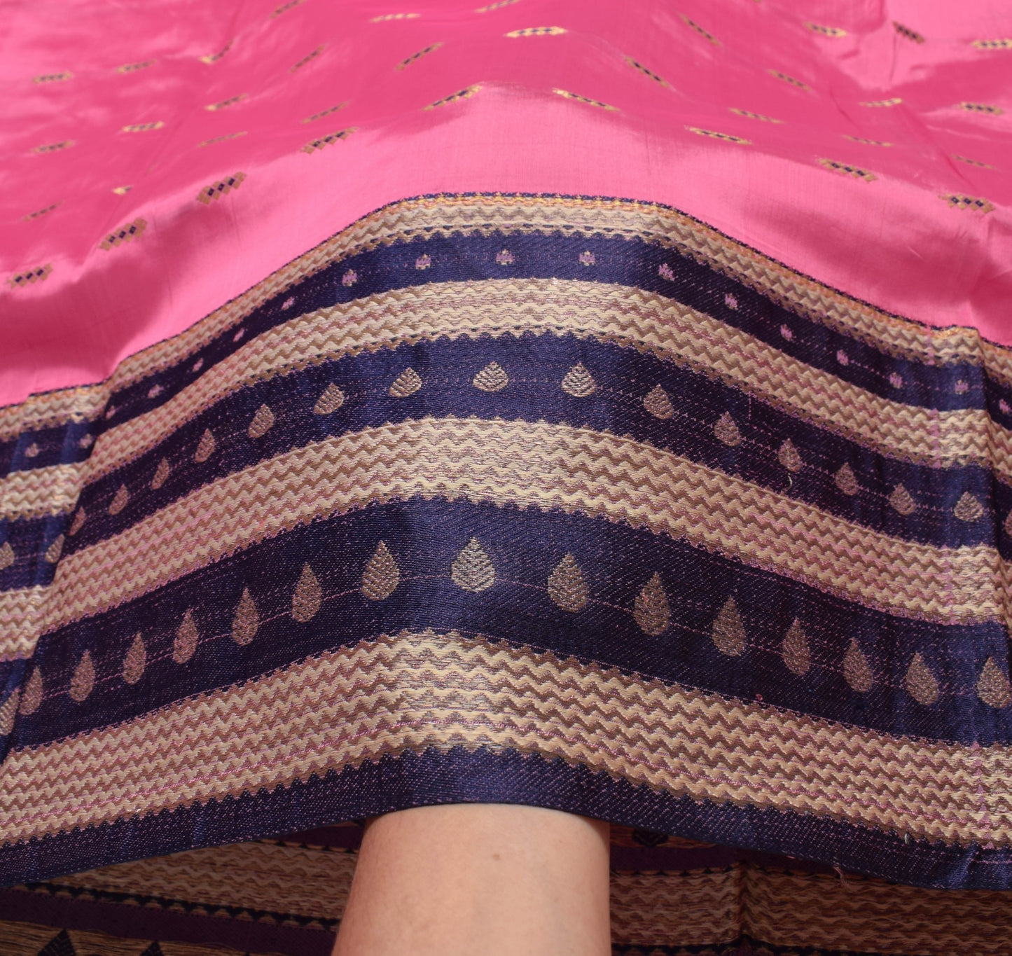Sushila Vintage Pink Saree with Blue Brocade Border 100% Pure Silk Sari Fabric