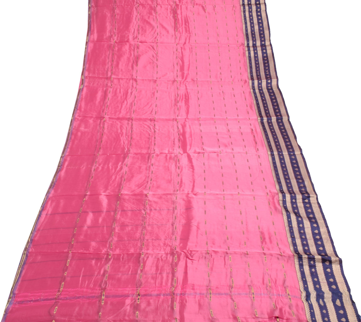 Sushila Vintage Pink Saree with Blue Brocade Border 100% Pure Silk Sari Fabric