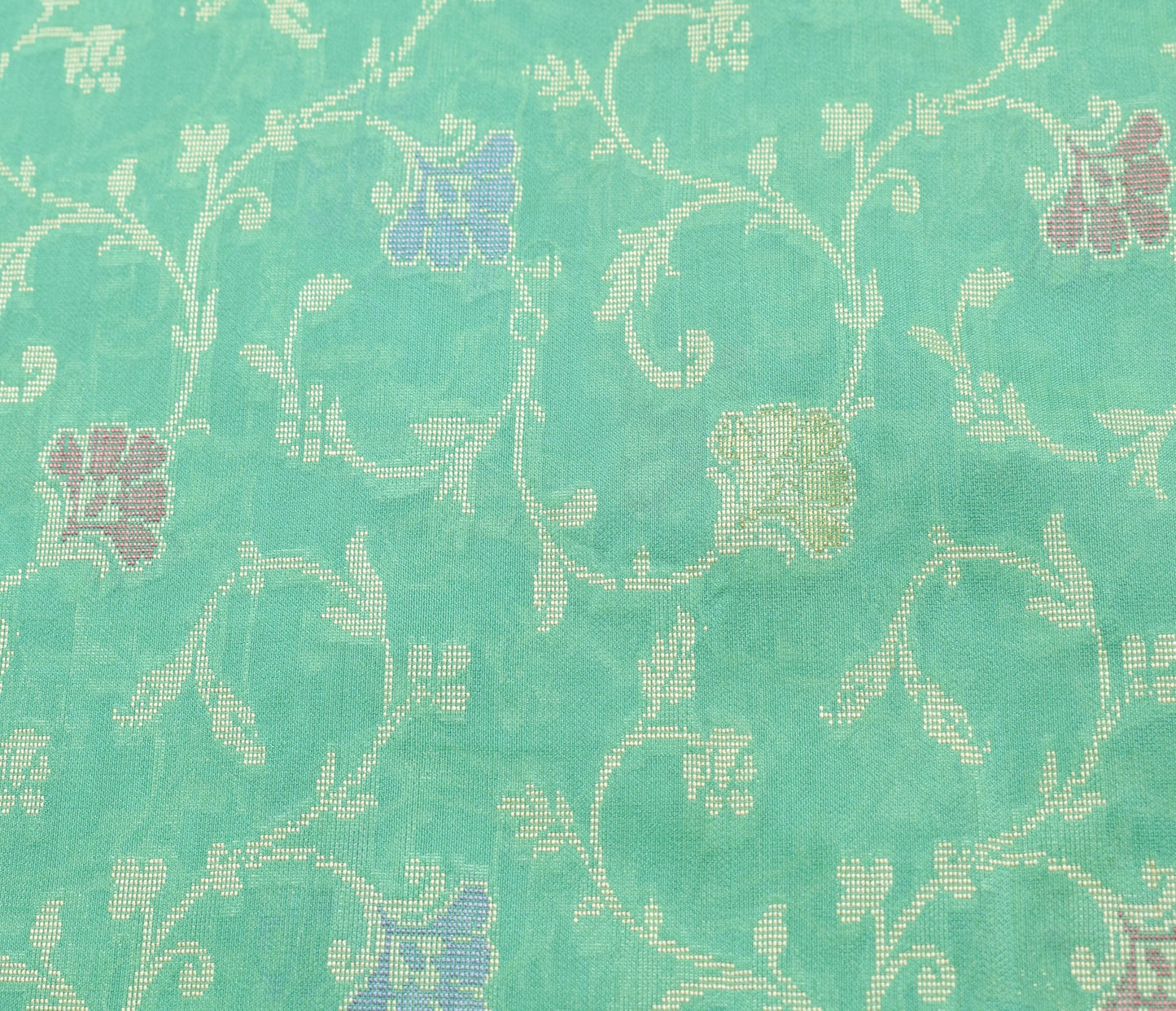 Sushila Vintage Aqua Green Saree 100% Pure Silk Floral Resham Woven Sari Fabric