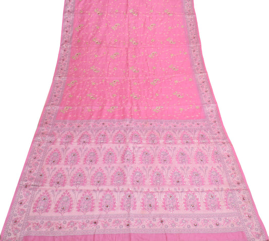 Sushila Vintage Pink Saree Pure Tussar Silk Sequins Work & Woven Sari Fabric