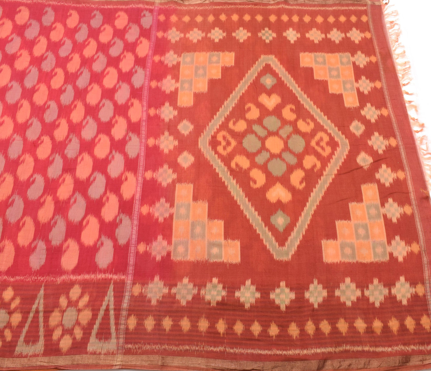 Sushila Vintage Sambalpuri Ikat Saree Hand Woven Pure Silk Red Sari Fabric
