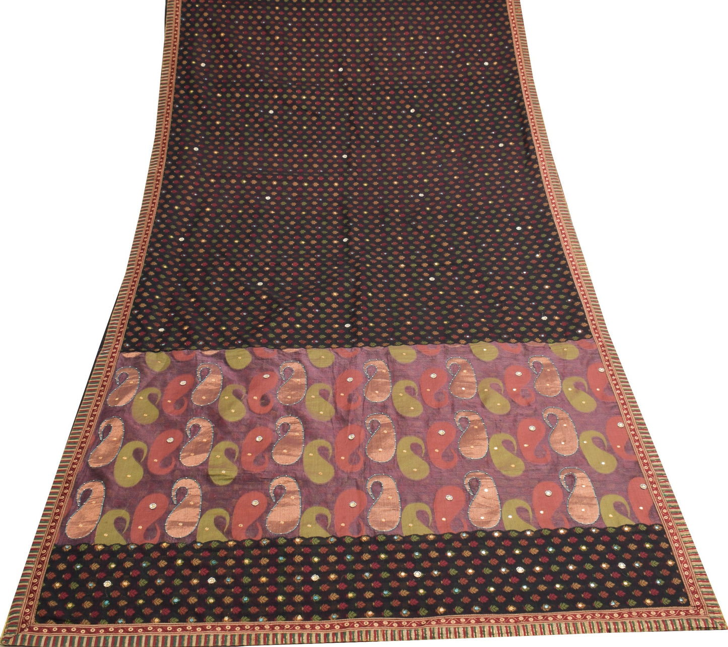 Sushila Vintage Black Woven Saree Art Cotton Silk Stone Mirror Work Sari Fabric