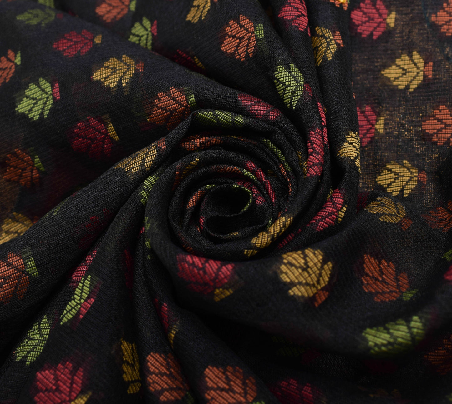 Sushila Vintage Black Woven Saree Art Cotton Silk Stone Mirror Work Sari Fabric