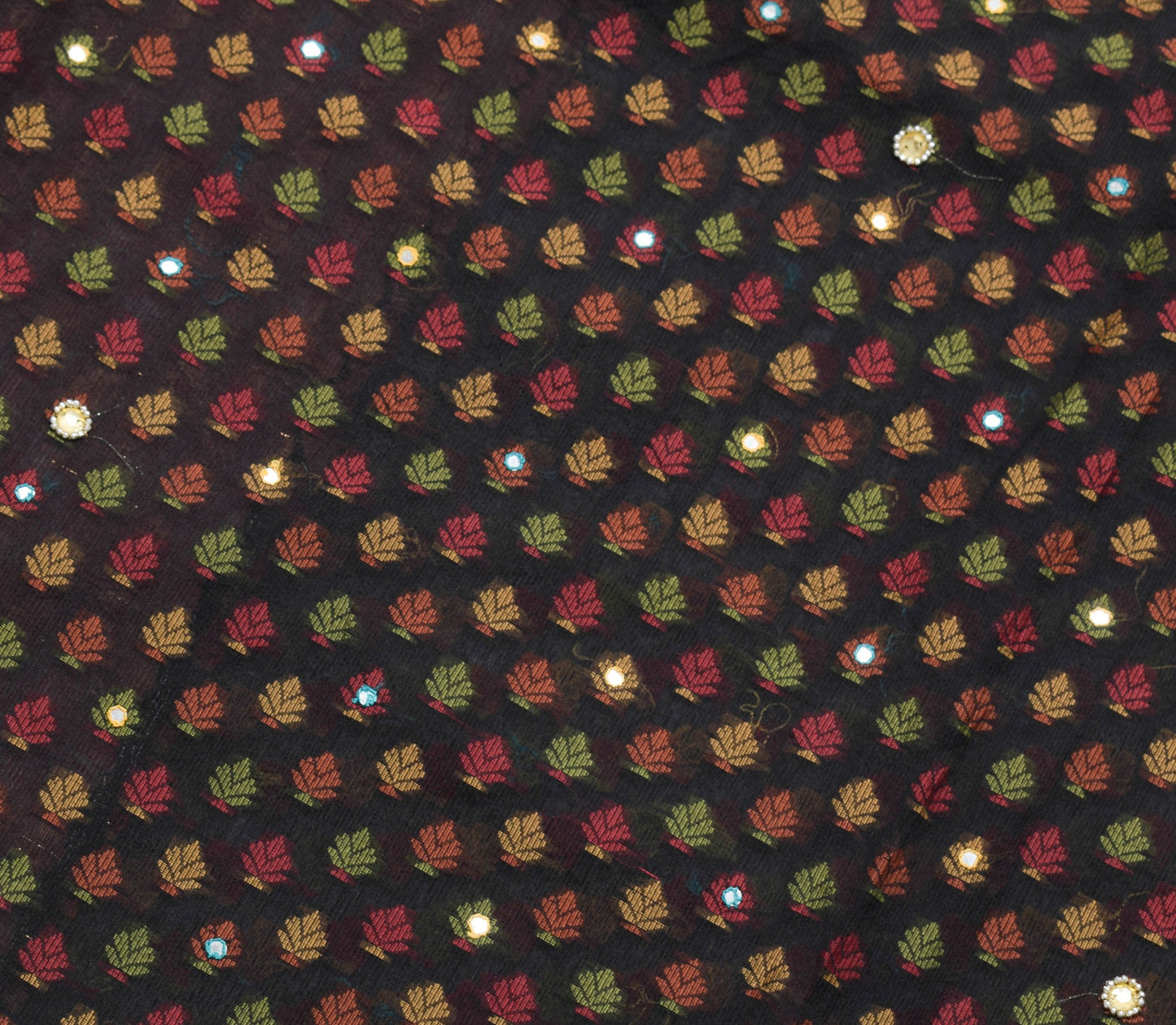 Sushila Vintage Black Woven Saree Art Cotton Silk Stone Mirror Work Sari Fabric