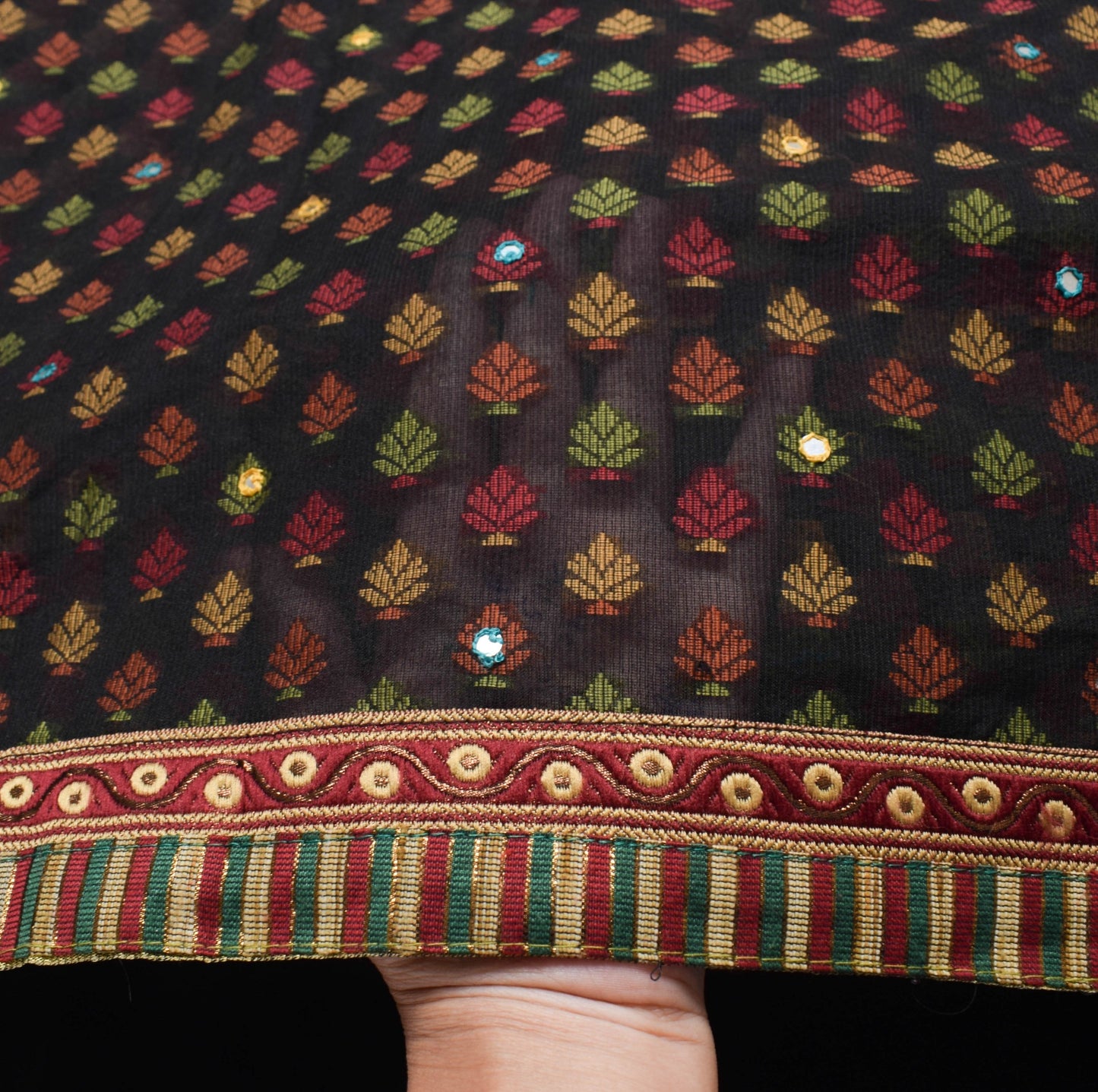 Sushila Vintage Black Woven Saree Art Cotton Silk Stone Mirror Work Sari Fabric