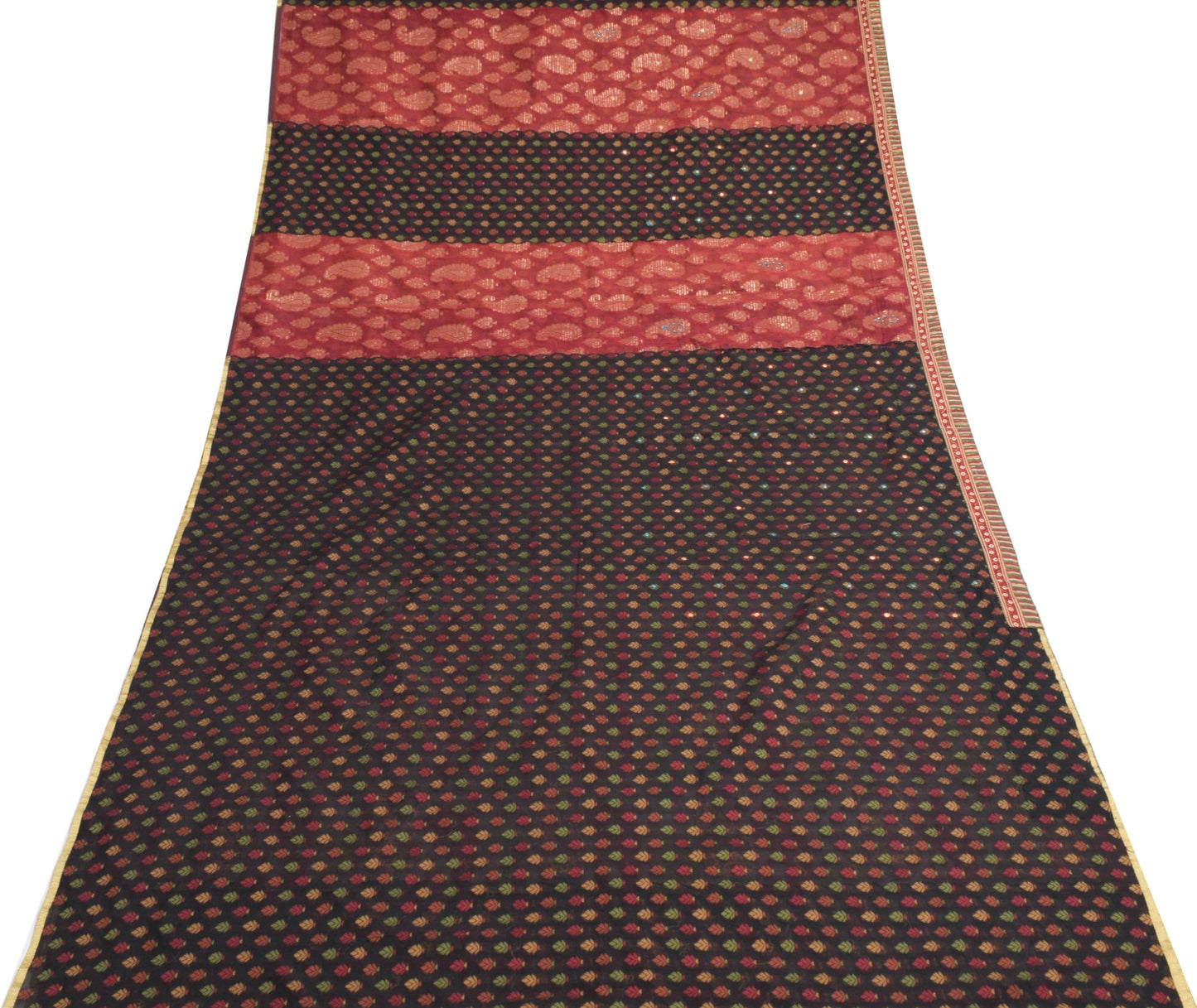 Sushila Vintage Black Woven Saree Art Cotton Silk Stone Mirror Work Sari Fabric