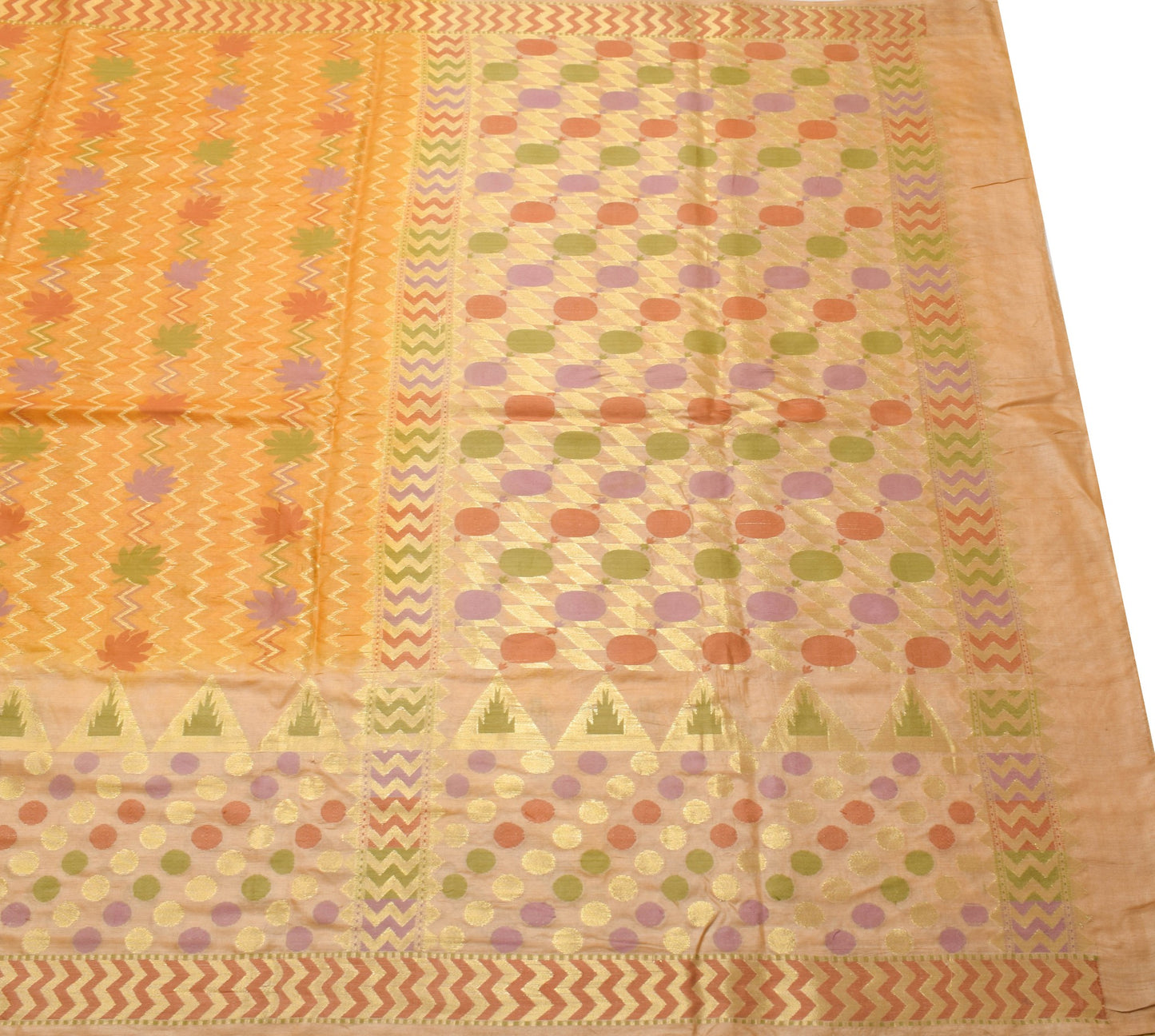 Sushila Vintage Mustard Floral Saree 100%Pure Tussar Silk Woven Soft Sari Fabric