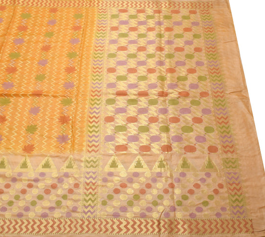 Sushila Vintage Mustard Floral Saree 100%Pure Tussar Silk Woven Soft Sari Fabric