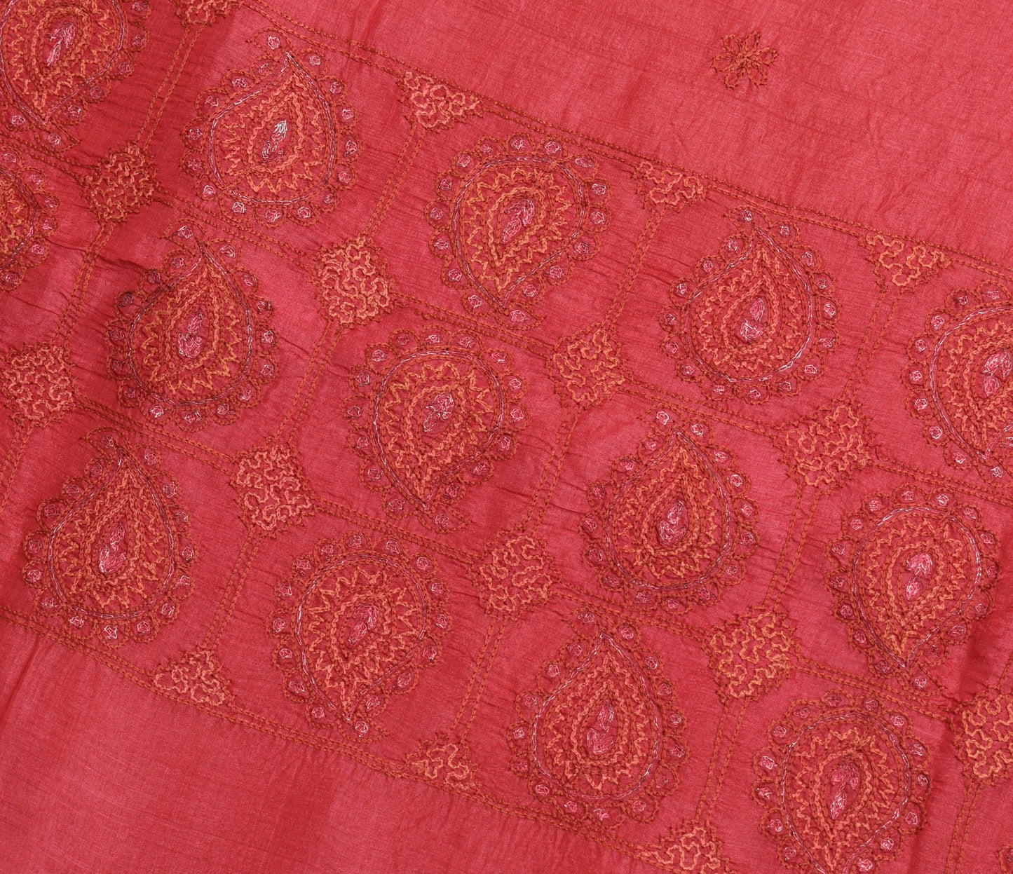 Sushila Vintage Rust Embroidered Saree 100% Pure Tussar Silk Sari Craft Fabric