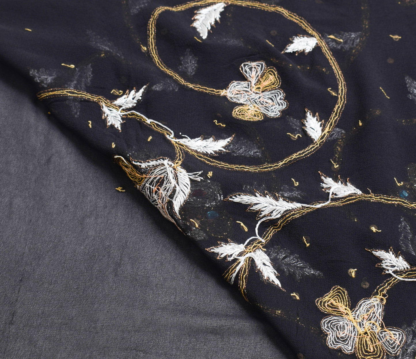 Sushila Vintage Black Saree Pure Georgette Copper Silver Zari Work Sari Fabric