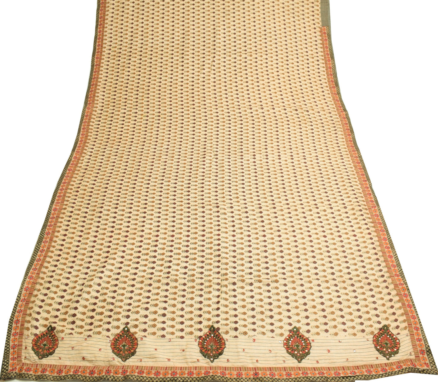 Sushila Vintage Cream Floral Saree 100%Pure Woolen Printed 5YD Sari Craft Fabric