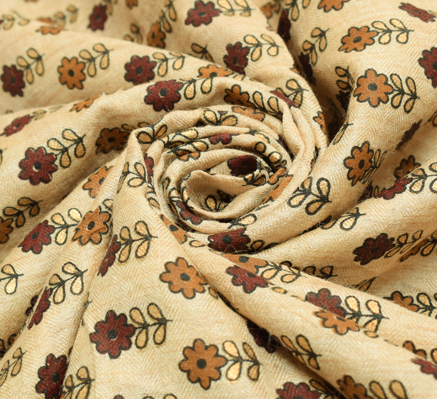 Sushila Vintage Cream Floral Saree 100%Pure Woolen Printed 5YD Sari Craft Fabric