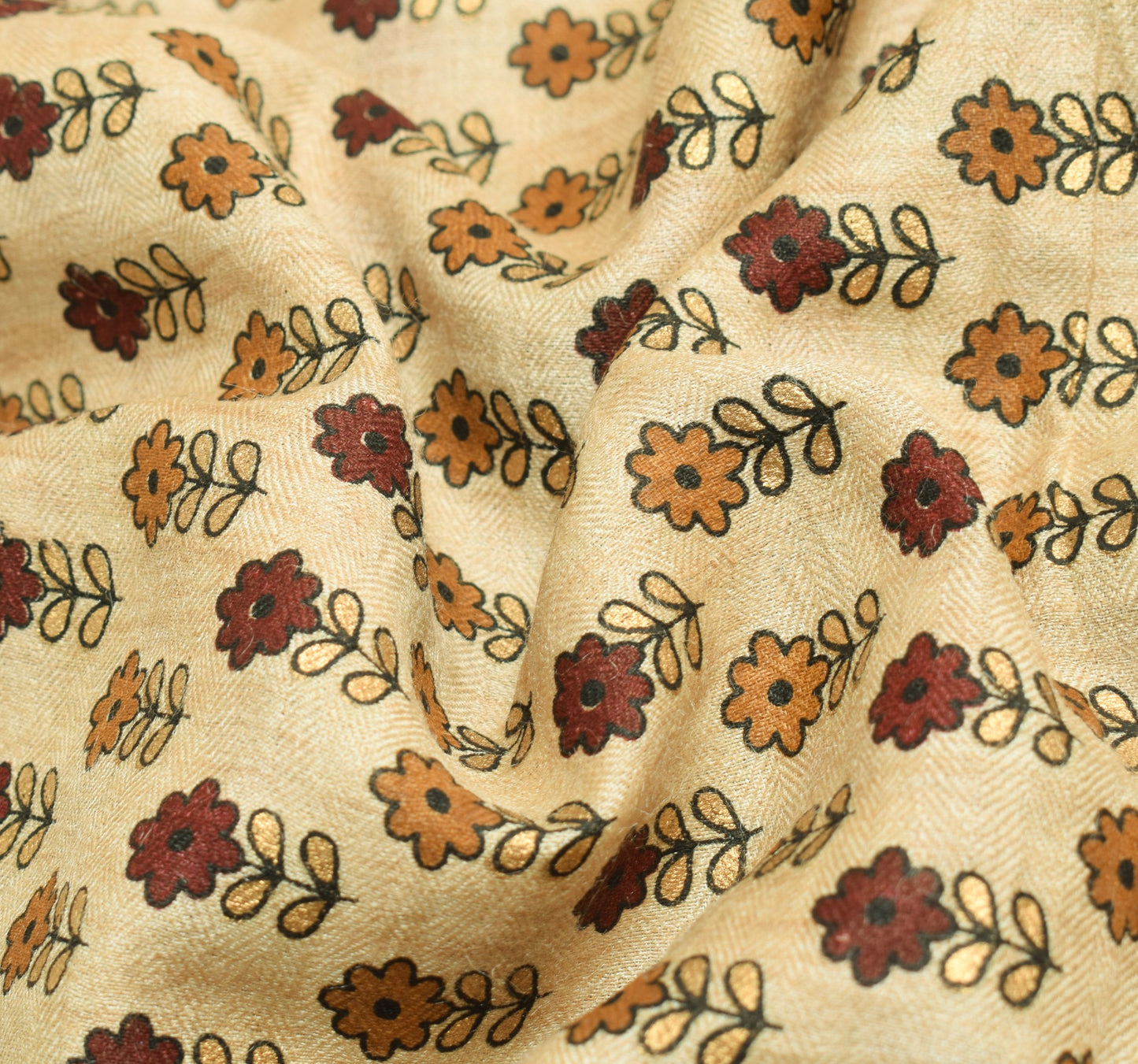 Sushila Vintage Cream Floral Saree 100%Pure Woolen Printed 5YD Sari Craft Fabric