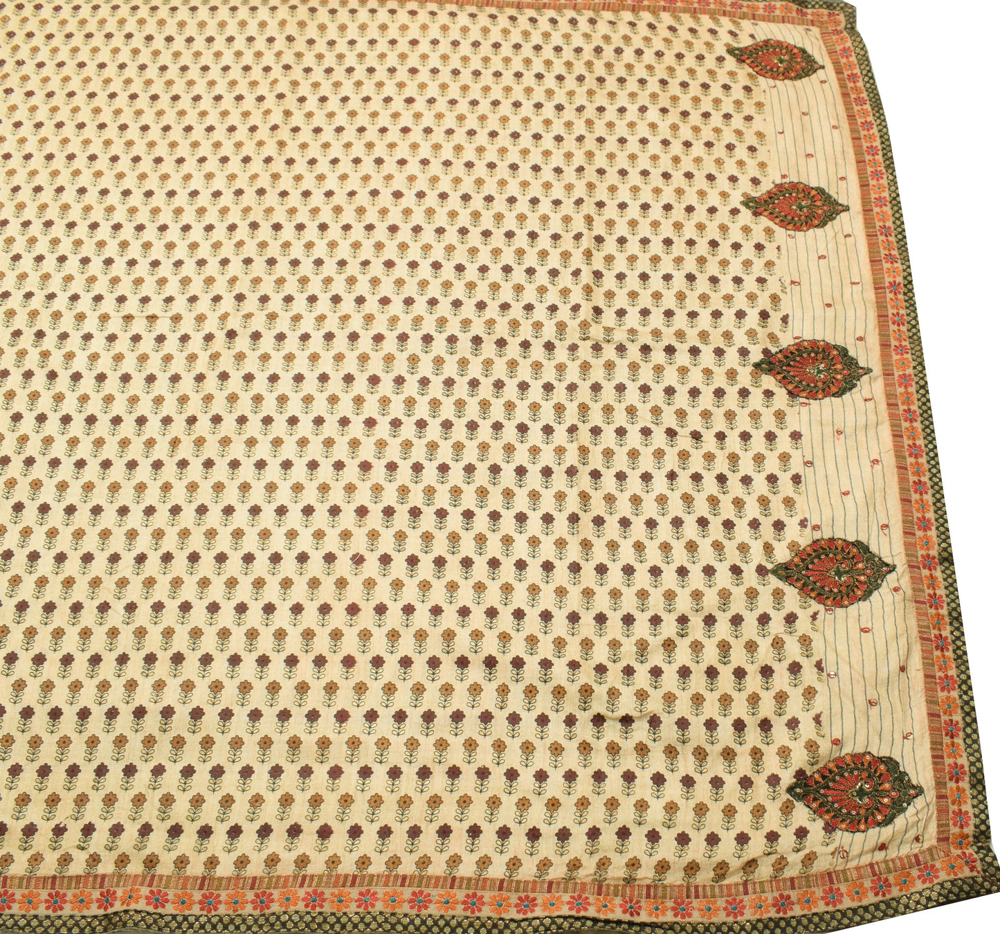 Sushila Vintage Cream Floral Saree 100%Pure Woolen Printed 5YD Sari Craft Fabric