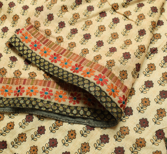 Sushila Vintage Cream Floral Saree 100%Pure Woolen Printed 5YD Sari Craft Fabric