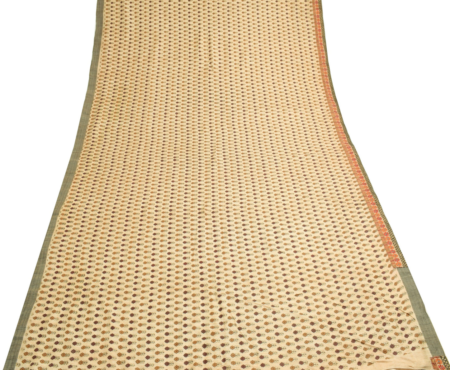 Sushila Vintage Cream Floral Saree 100%Pure Woolen Printed 5YD Sari Craft Fabric