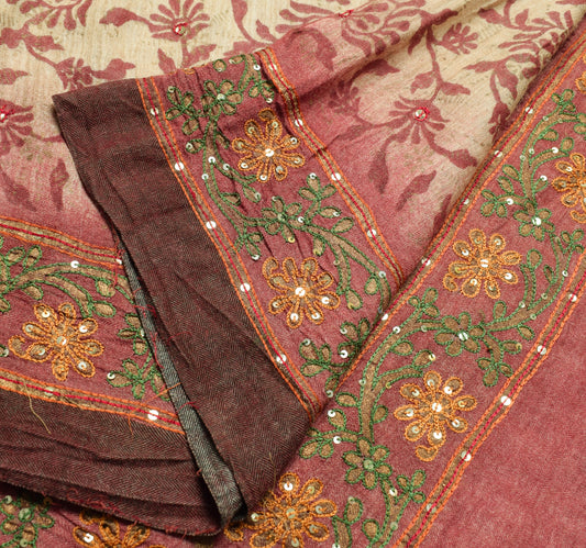 Sushila Vintage Cream Aari Work Saree 100%Pure Woolen Floral Printed Sari Fabric