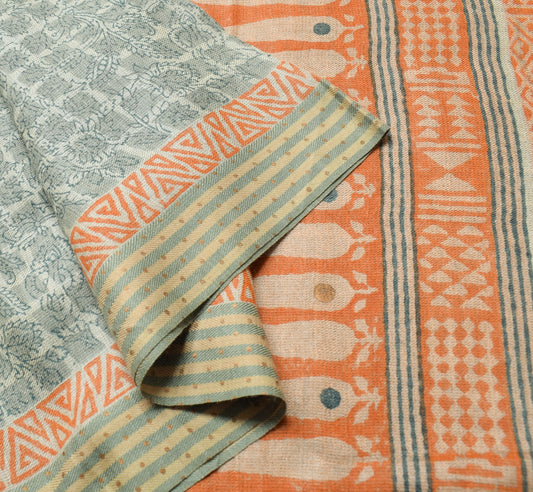 Sushila Vintage Gray Saree 100% Pure Woolen Hand Block Printed 5YD Sari Fabric