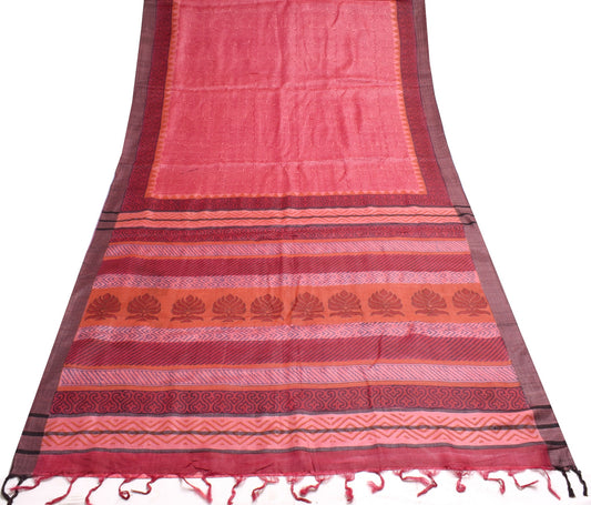 Sushila Vintage Pink Woven Saree 100% Pure Woolen Hand Block Printed Sari Fabric