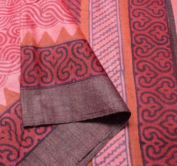Sushila Vintage Pink Woven Saree 100% Pure Woolen Hand Block Printed Sari Fabric