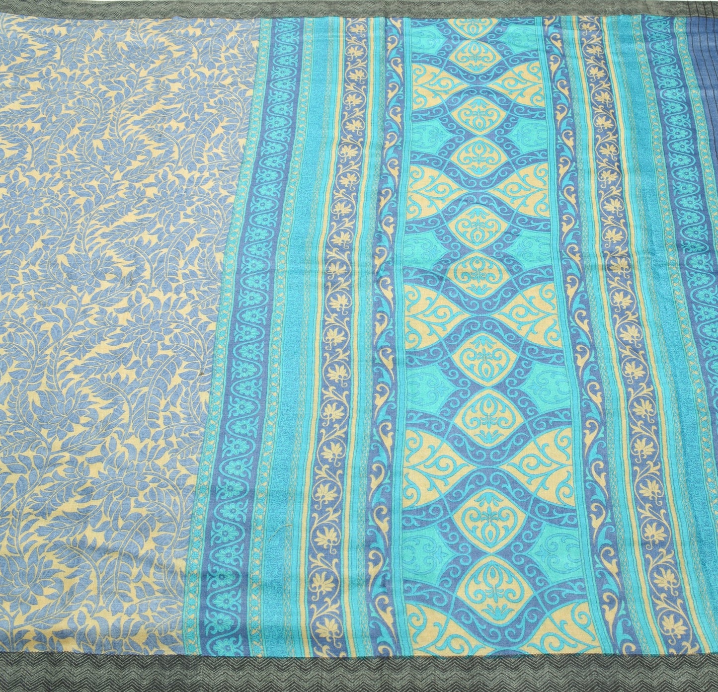 Sushila Vintage Floral Cream Saree 100%Pure Woolen Soft Printed Sari Warm Fabric