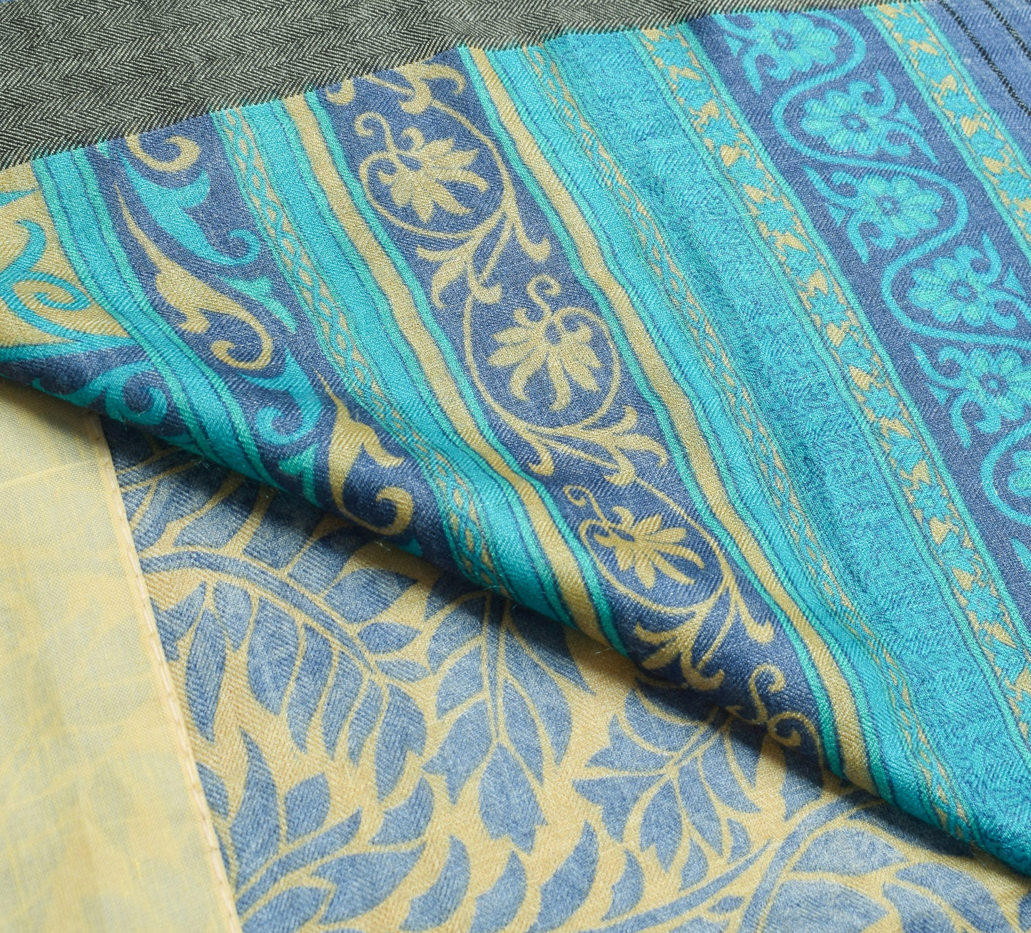 Sushila Vintage Floral Cream Saree 100%Pure Woolen Soft Printed Sari Warm Fabric