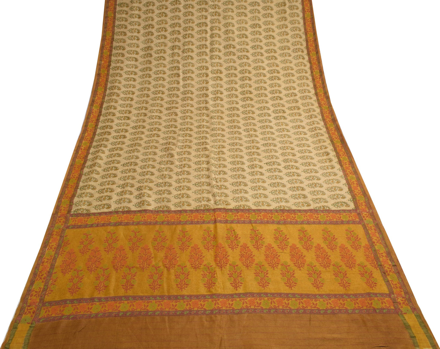 Sushila Vintage Cream Saree 100% Pure Woolen Floral Printed Sari Warm Fabric