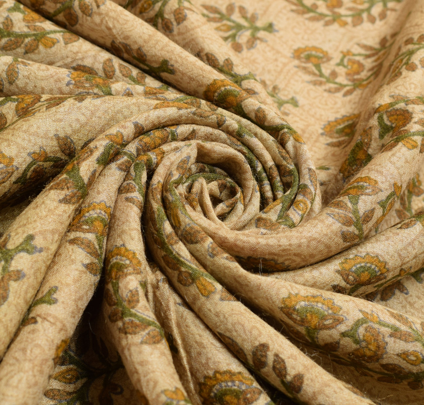 Sushila Vintage Cream Saree 100% Pure Woolen Floral Printed Sari Warm Fabric