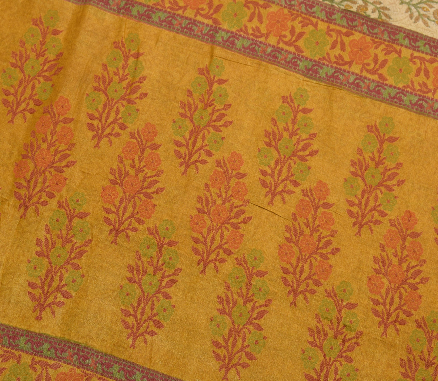 Sushila Vintage Cream Saree 100% Pure Woolen Floral Printed Sari Warm Fabric