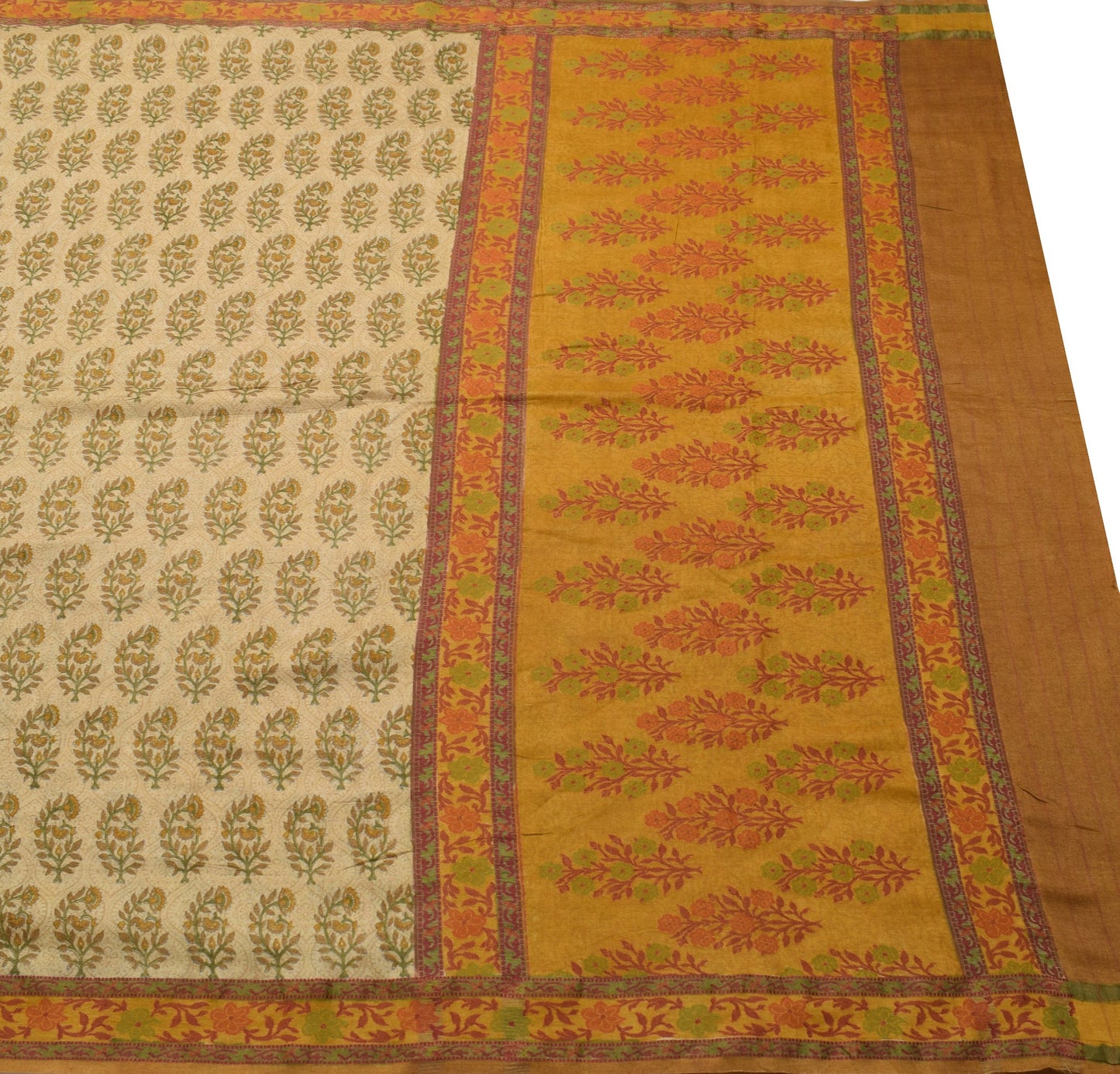 Sushila Vintage Cream Saree 100% Pure Woolen Floral Printed Sari Warm Fabric