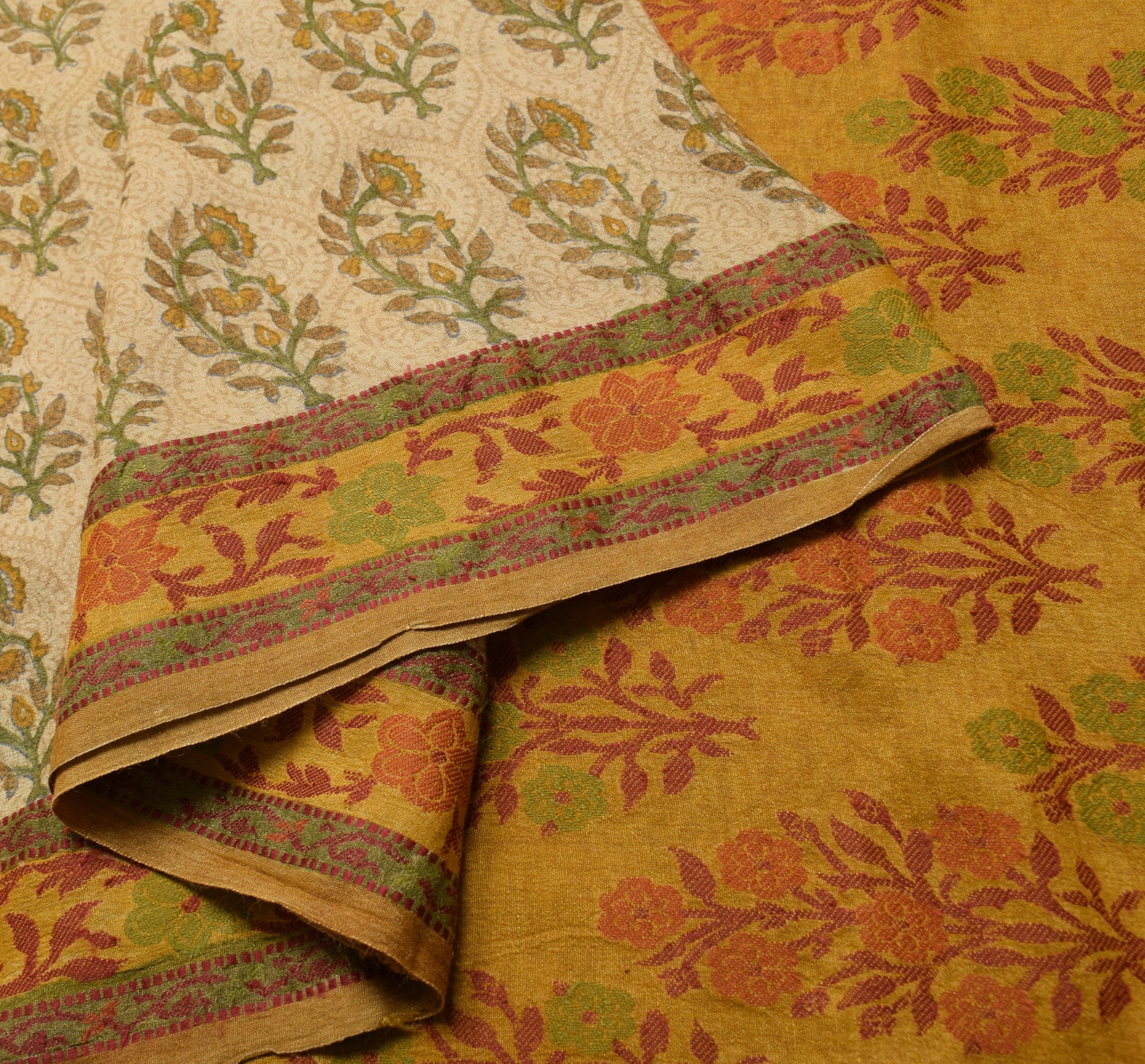 Sushila Vintage Cream Saree 100% Pure Woolen Floral Printed Sari Warm Fabric