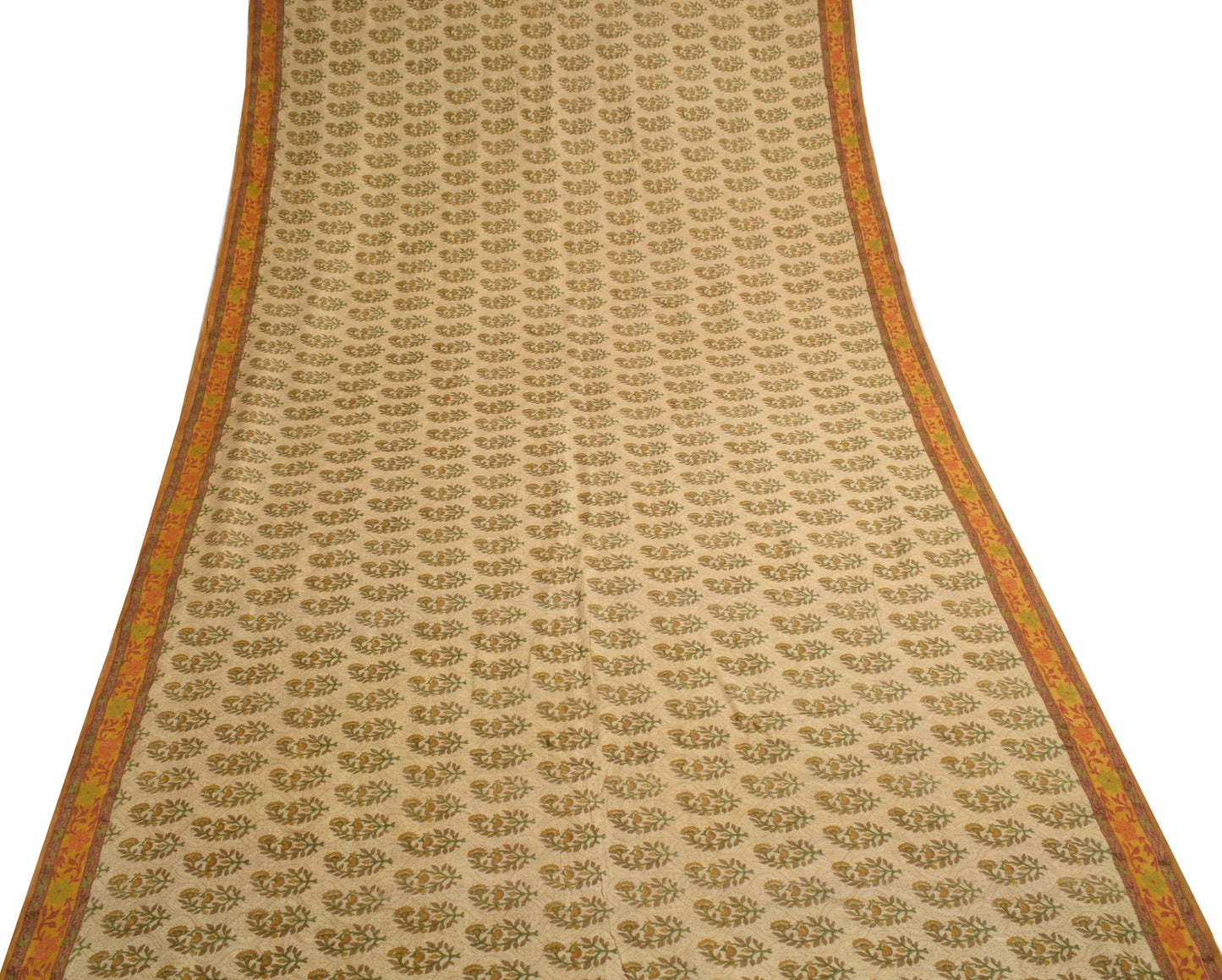 Sushila Vintage Cream Saree 100% Pure Woolen Floral Printed Sari Warm Fabric